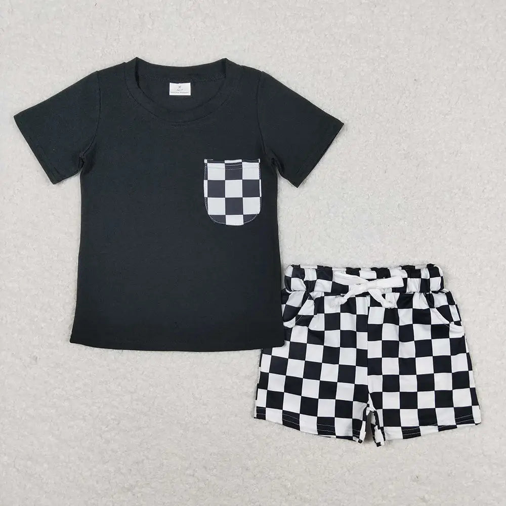Boys Black Shirt Top Checkered Shorts Clothes Sets