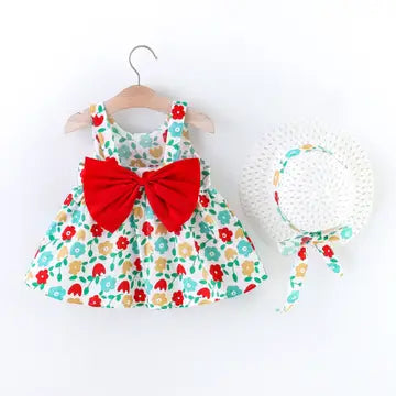 2pcs Floral Print Bowknot Sleeveless Baby Dress