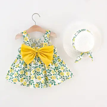 2pcs Floral Print Bowknot Sleeveless Baby Dress