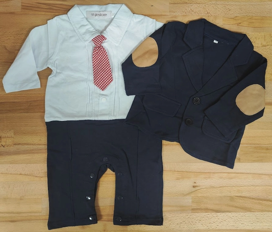 Navy Elbow Patch Jacket & Tie Romper Set image 0