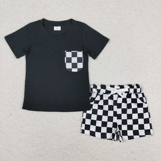 Boys Black Shirt Top Checkered Shorts Clothes Sets